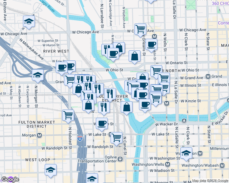 map of restaurants, bars, coffee shops, grocery stores, and more near 486 North Clinton Street in Chicago