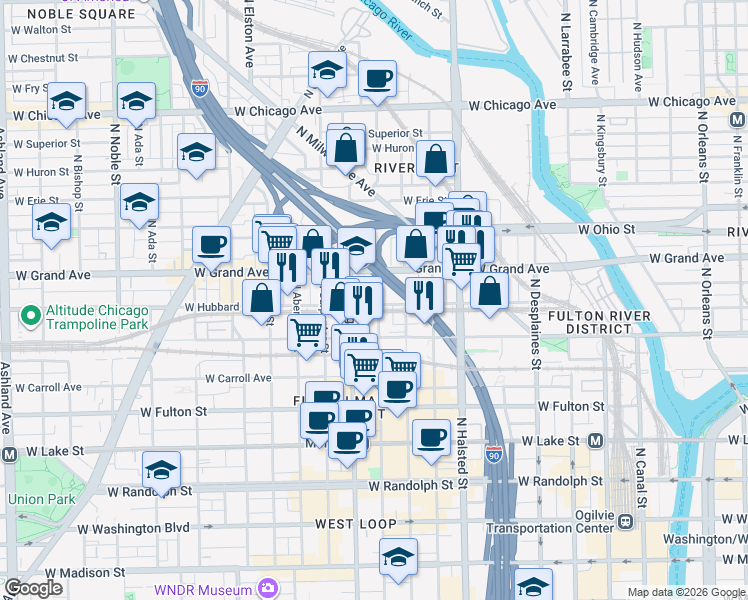 map of restaurants, bars, coffee shops, grocery stores, and more near 914 West Hubbard Street in Chicago