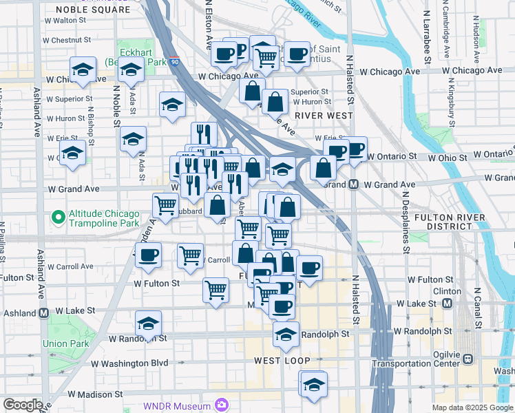 map of restaurants, bars, coffee shops, grocery stores, and more near 448 North Carpenter Street in Chicago