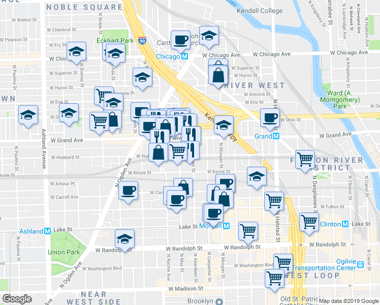 map of restaurants, bars, coffee shops, grocery stores, and more near in Chicago
