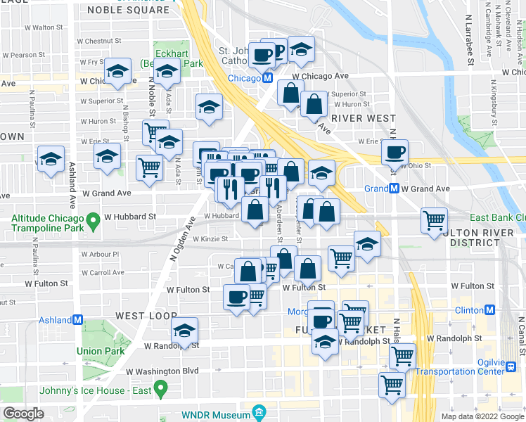 map of restaurants, bars, coffee shops, grocery stores, and more near 453 North May Street in Chicago