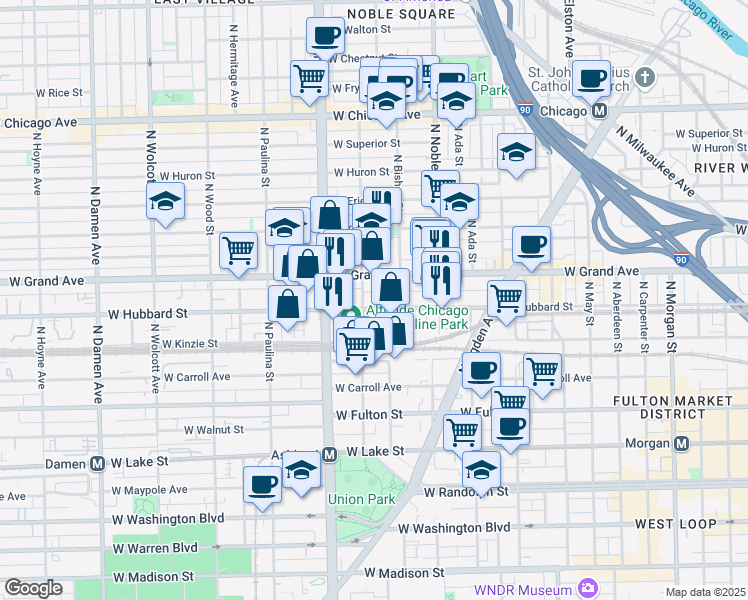 map of restaurants, bars, coffee shops, grocery stores, and more near 1453 North Noble Street in Chicago