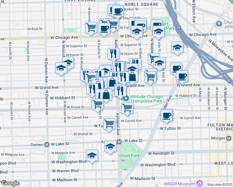 map of restaurants, bars, coffee shops, grocery stores, and more near 1607 West Grand Avenue in Chicago