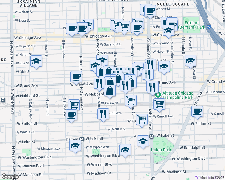 map of restaurants, bars, coffee shops, grocery stores, and more near 1759 West Grand Avenue in Chicago