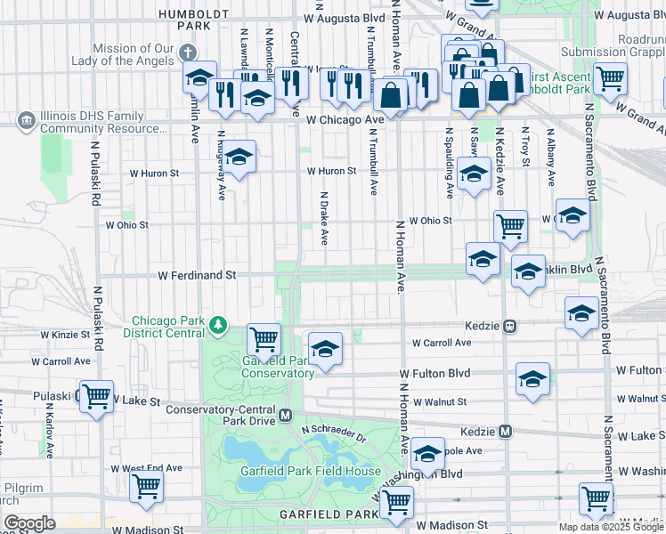 map of restaurants, bars, coffee shops, grocery stores, and more near 3500 West Franklin Boulevard in Chicago