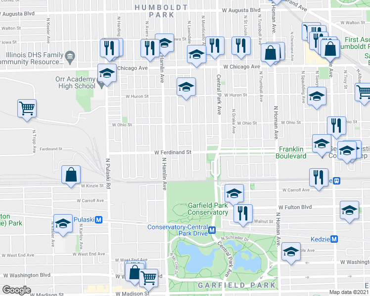 map of restaurants, bars, coffee shops, grocery stores, and more near 519 North Lawndale Avenue in Chicago