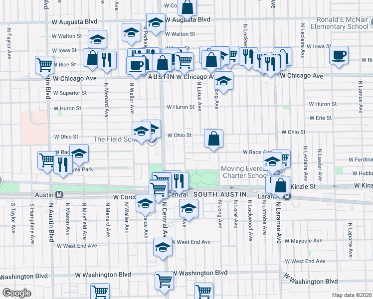 map of restaurants, bars, coffee shops, grocery stores, and more near 556 North Pine Avenue in Chicago