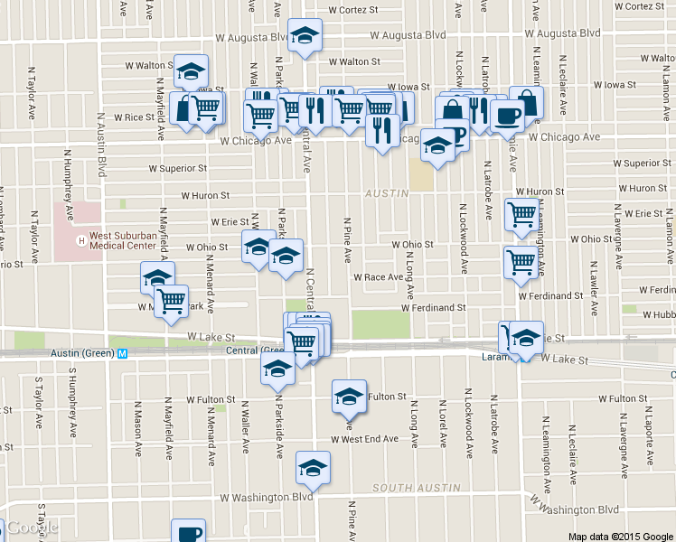 map of restaurants, bars, coffee shops, grocery stores, and more near 556 North Pine Avenue in Chicago
