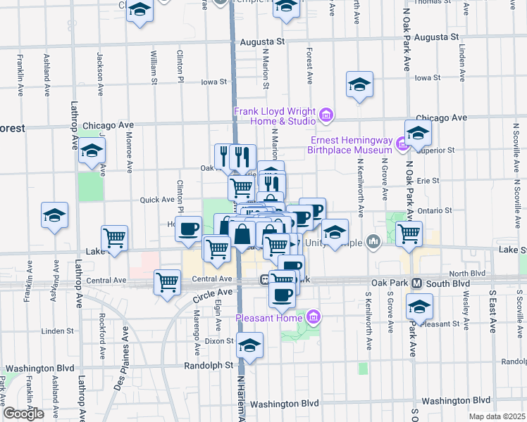 map of restaurants, bars, coffee shops, grocery stores, and more near 1131 Ontario Street in Oak Park