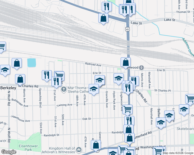 map of restaurants, bars, coffee shops, grocery stores, and more near 105 Geneva Avenue in Bellwood