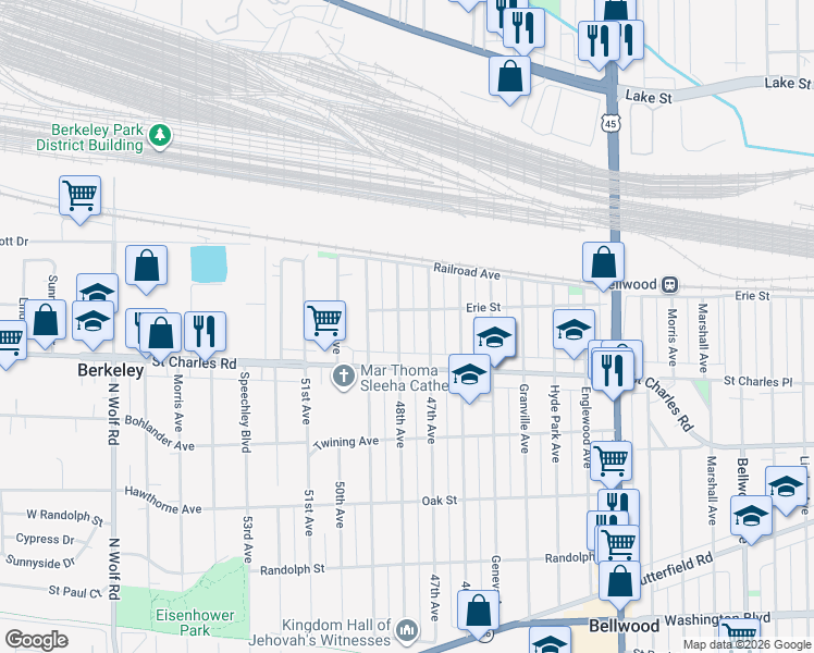 map of restaurants, bars, coffee shops, grocery stores, and more near 100 47th Avenue in Bellwood