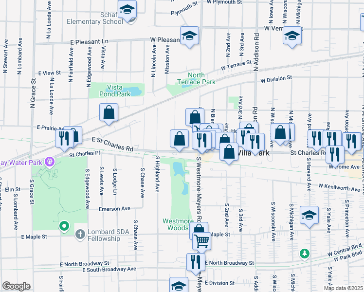 map of restaurants, bars, coffee shops, grocery stores, and more near 20 North Westmore Avenue in Lombard