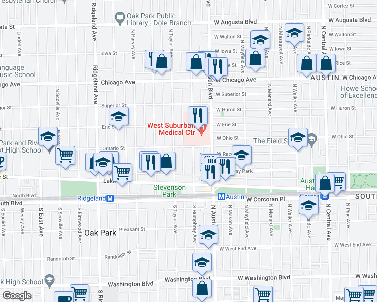 map of restaurants, bars, coffee shops, grocery stores, and more near 175 North Humphrey Avenue in Oak Park
