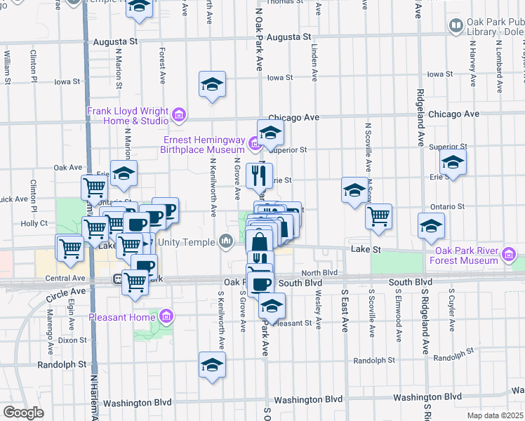 map of restaurants, bars, coffee shops, grocery stores, and more near 201 North Oak Park Avenue in Oak Park