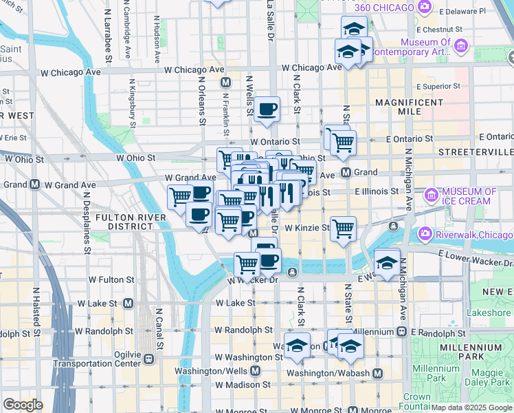map of restaurants, bars, coffee shops, grocery stores, and more near 157 West Illinois Street in Chicago