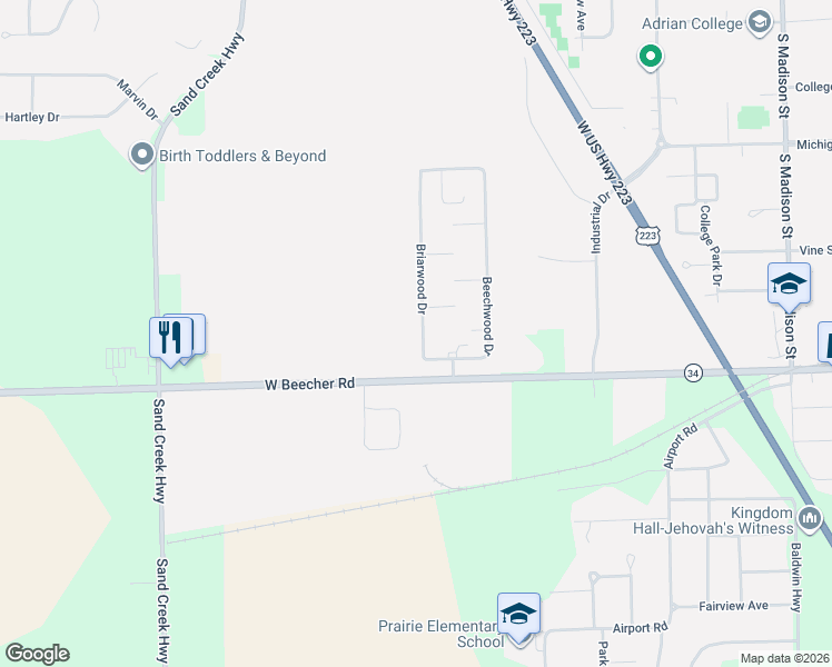 map of restaurants, bars, coffee shops, grocery stores, and more near 634 Briarwood Drive in Adrian