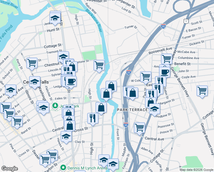 map of restaurants, bars, coffee shops, grocery stores, and more near 8 Branch Street in Pawtucket