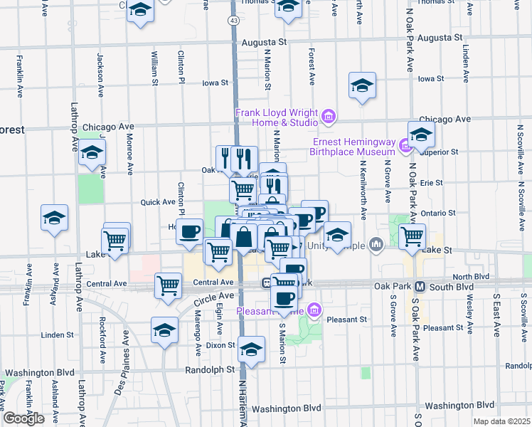 map of restaurants, bars, coffee shops, grocery stores, and more near 1111 Ontario Street in Oak Park