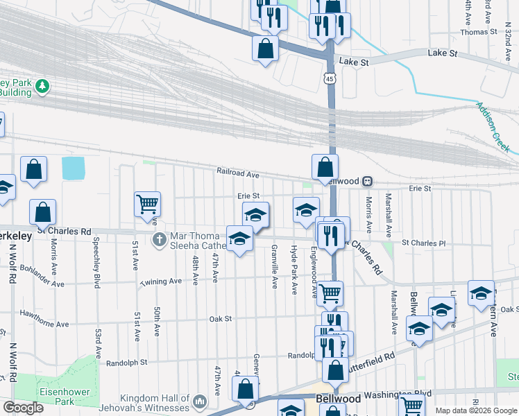 map of restaurants, bars, coffee shops, grocery stores, and more near 105 Geneva Avenue in Bellwood