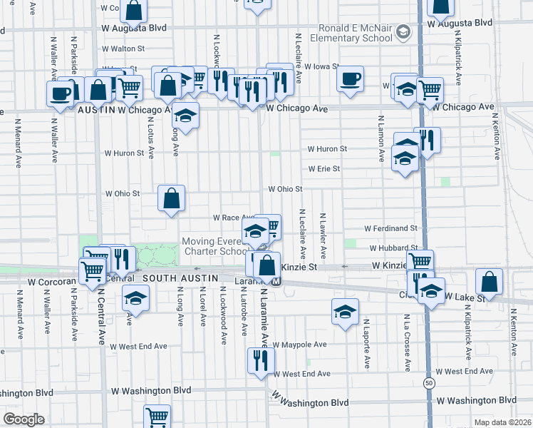 map of restaurants, bars, coffee shops, grocery stores, and more near 529 North Laramie Avenue in Chicago