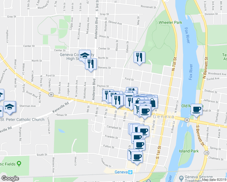 map of restaurants, bars, coffee shops, grocery stores, and more near 127 Richards Street in Geneva