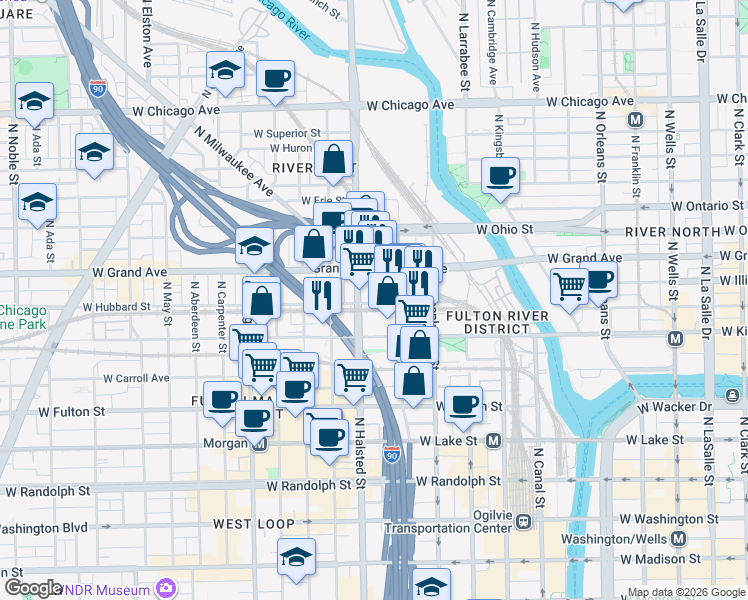 map of restaurants, bars, coffee shops, grocery stores, and more near 485 N Milwaukee Ave in Chicago