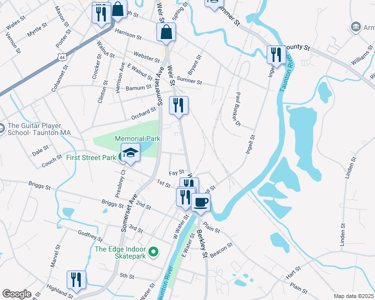 map of restaurants, bars, coffee shops, grocery stores, and more near 426 Weir Street in Taunton