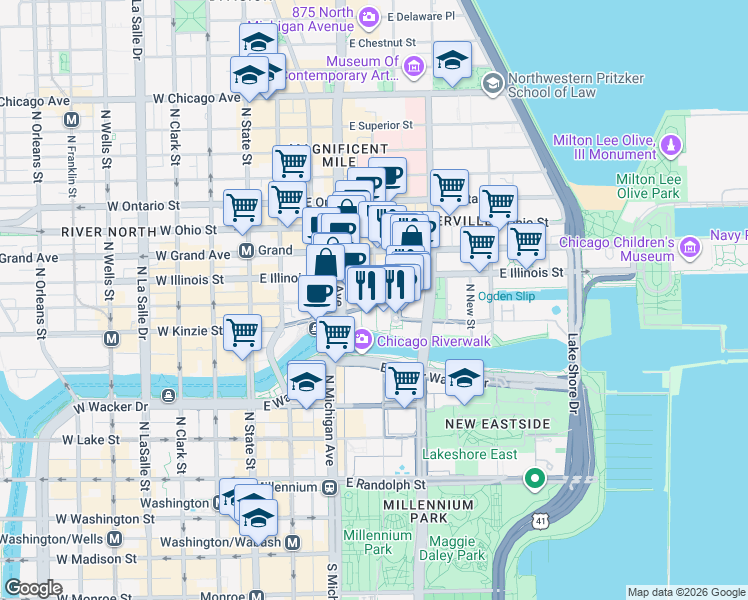 map of restaurants, bars, coffee shops, grocery stores, and more near 450 Cityfront Plaza Drive in Chicago