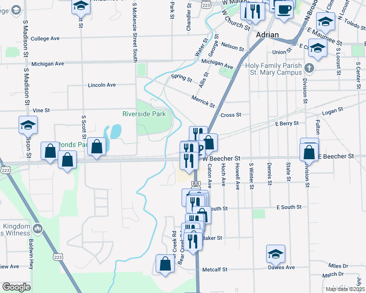 map of restaurants, bars, coffee shops, grocery stores, and more near 374 Crystal Spring Avenue in Adrian