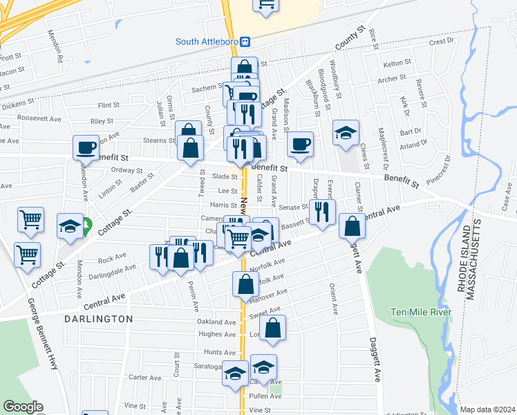 map of restaurants, bars, coffee shops, grocery stores, and more near 19 Senate Street in Pawtucket