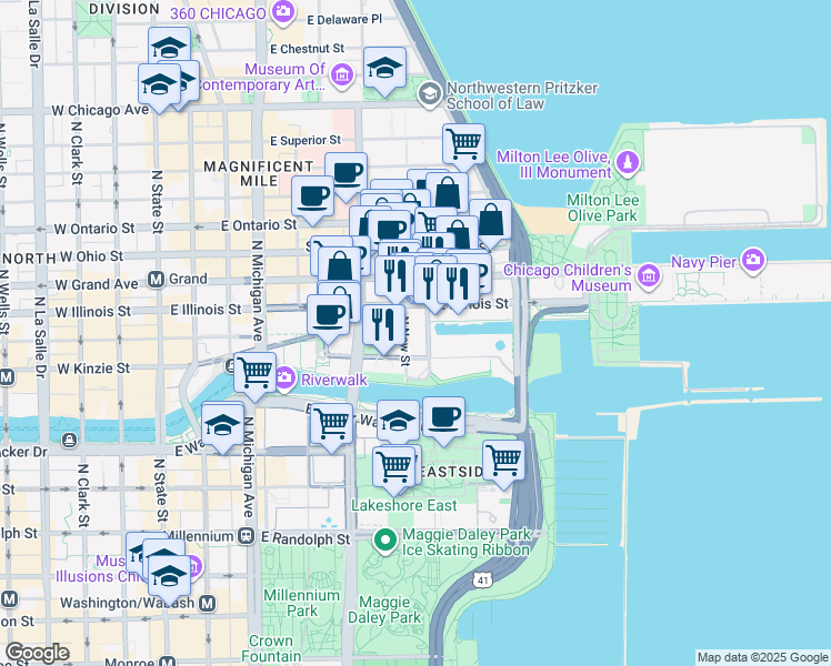 map of restaurants, bars, coffee shops, grocery stores, and more near 440 North McClurg Court in Chicago