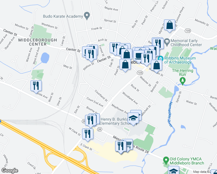 map of restaurants, bars, coffee shops, grocery stores, and more near 8 Pearl Street in Middleborough