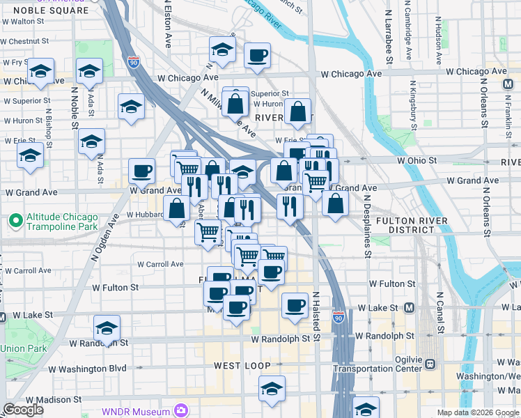 map of restaurants, bars, coffee shops, grocery stores, and more near 914 West Hubbard Street in Chicago