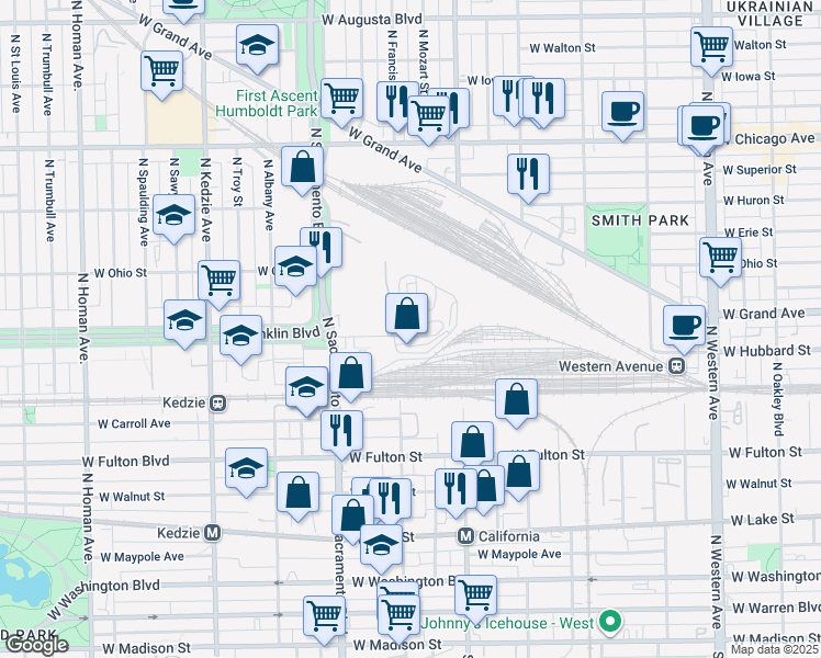 map of restaurants, bars, coffee shops, grocery stores, and more near 2900 West Ferdinand Street in Chicago