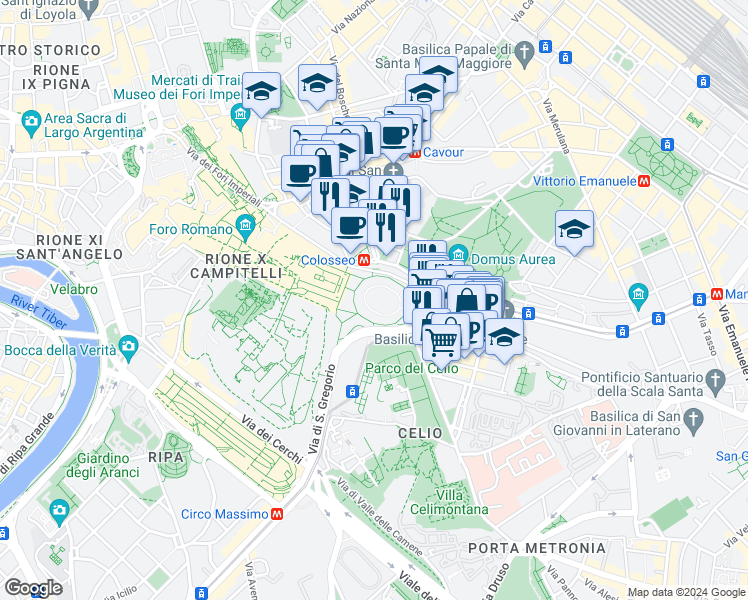 map of restaurants, bars, coffee shops, grocery stores, and more near 58 Piazza del Colosseo in Roma