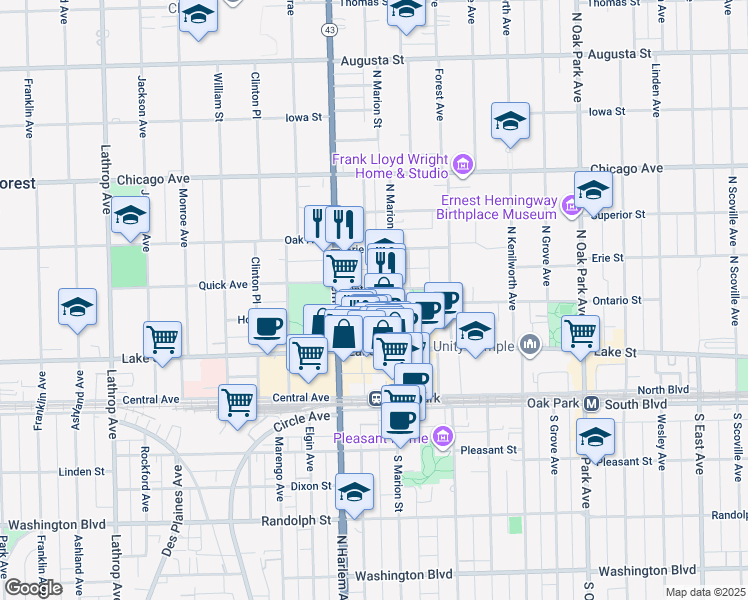 map of restaurants, bars, coffee shops, grocery stores, and more near 1111 Ontario Street in Oak Park