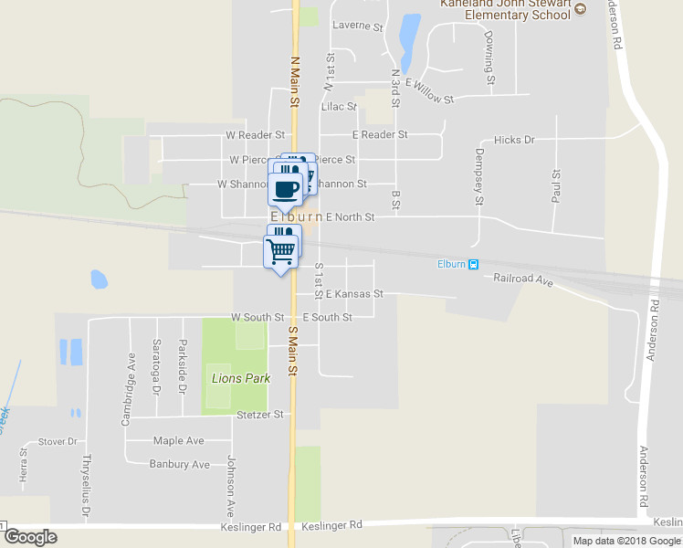 map of restaurants, bars, coffee shops, grocery stores, and more near 221 East Nebraska Street in Elburn