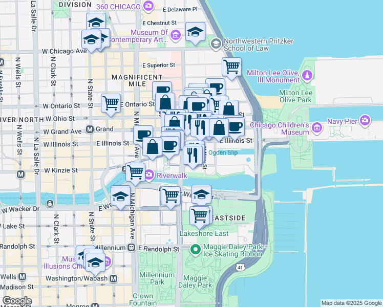 map of restaurants, bars, coffee shops, grocery stores, and more near 324 East Illinois Street in Chicago