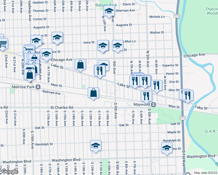 map of restaurants, bars, coffee shops, grocery stores, and more near 30N 9th Avenue in Melrose Park