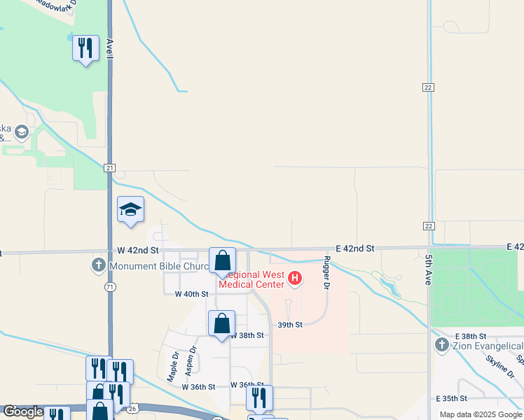 map of restaurants, bars, coffee shops, grocery stores, and more near 210488 West 42nd Street in Scottsbluff