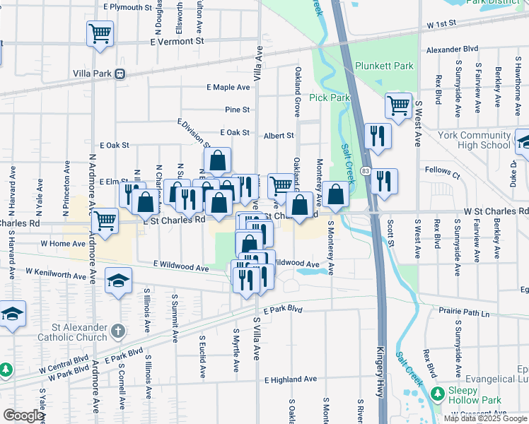 map of restaurants, bars, coffee shops, grocery stores, and more near 749 Saint Charles Road in Elmhurst