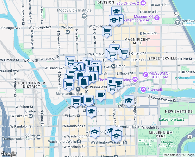 map of restaurants, bars, coffee shops, grocery stores, and more near 111 West Illinois Street in Chicago