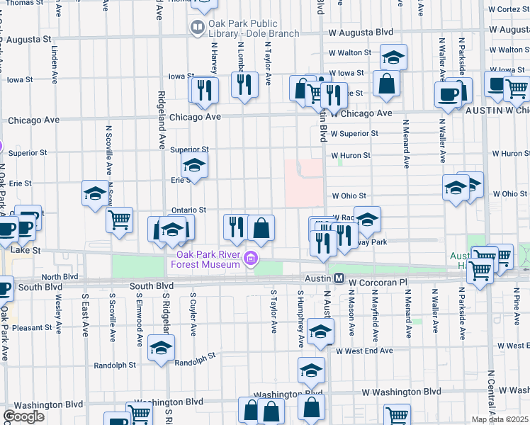 map of restaurants, bars, coffee shops, grocery stores, and more near 179 North Taylor Avenue in Oak Park