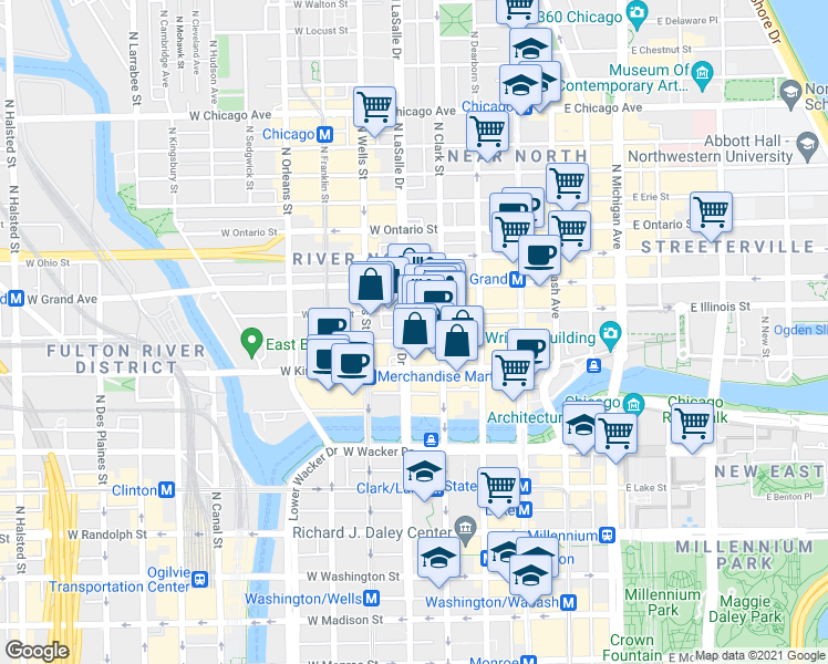 map of restaurants, bars, coffee shops, grocery stores, and more near 435 North LaSalle Drive in Chicago