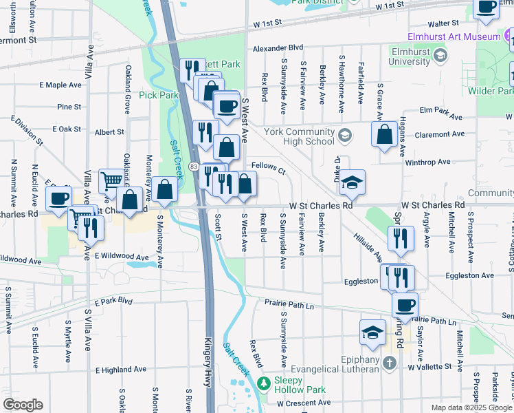 map of restaurants, bars, coffee shops, grocery stores, and more near 509 West Saint Charles Road in Elmhurst