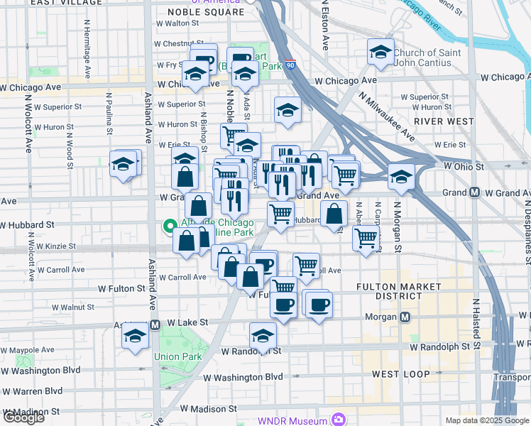 map of restaurants, bars, coffee shops, grocery stores, and more near 451 North Ogden Avenue in Chicago