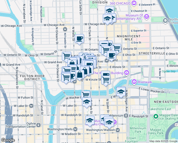 map of restaurants, bars, coffee shops, grocery stores, and more near 111 West Illinois Street in Chicago