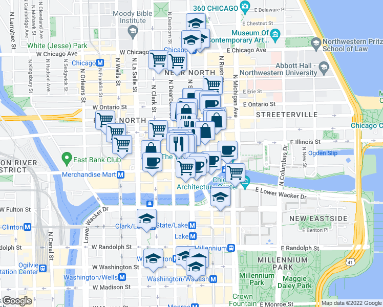 map of restaurants, bars, coffee shops, grocery stores, and more near 447 N State St in Chicago