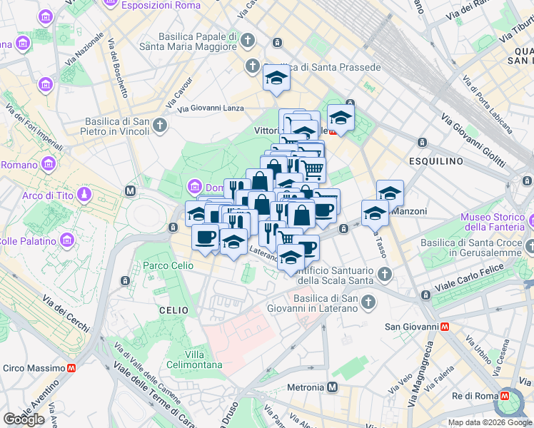 map of restaurants, bars, coffee shops, grocery stores, and more near 40 Via Ludovico Muratori in Roma