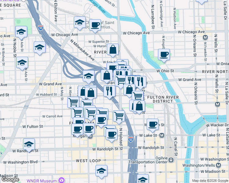 map of restaurants, bars, coffee shops, grocery stores, and more near 448 North Halsted Street in Chicago